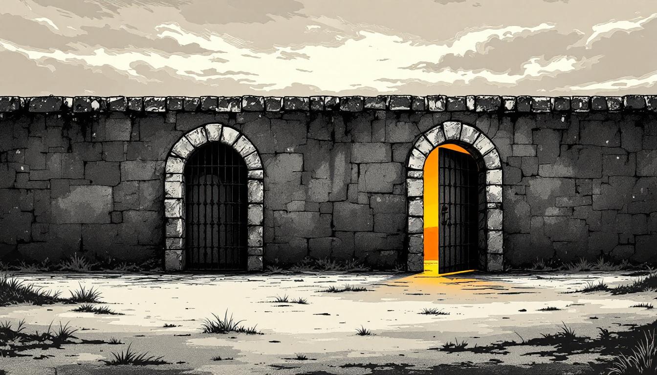Two doorways in a stone wall — one barred, one open to amber light — symbolising the structural difference between punishment-centred and needs-centred justice