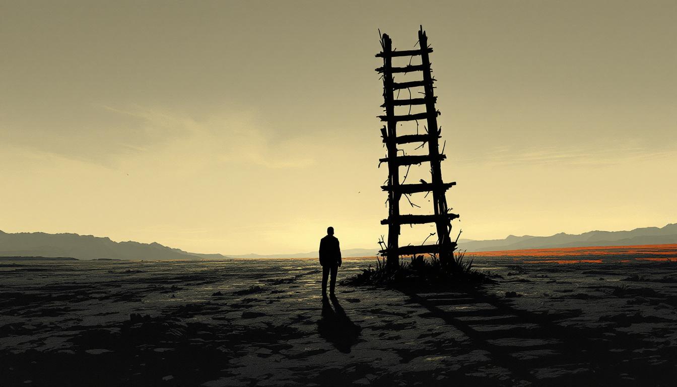 Two ladders of very different heights in a dusk landscape — a visual metaphor for power and empathetic vs needs-based leadership