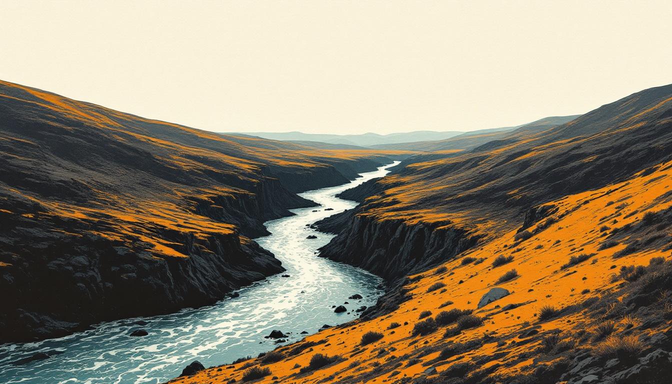 Two rivers converging at a rocky fork — woodcut illustration representing productive conflict in group facilitation