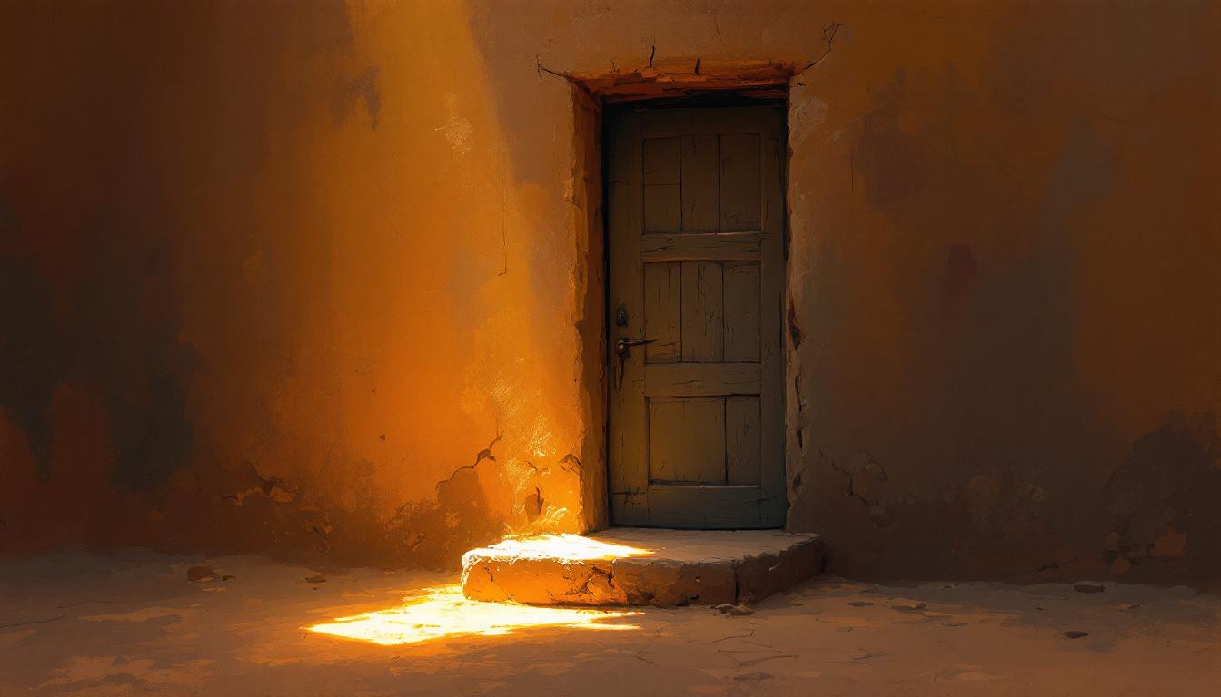 A weathered door left ajar in a sun-warmed adobe wall, warm light spilling through the threshold
