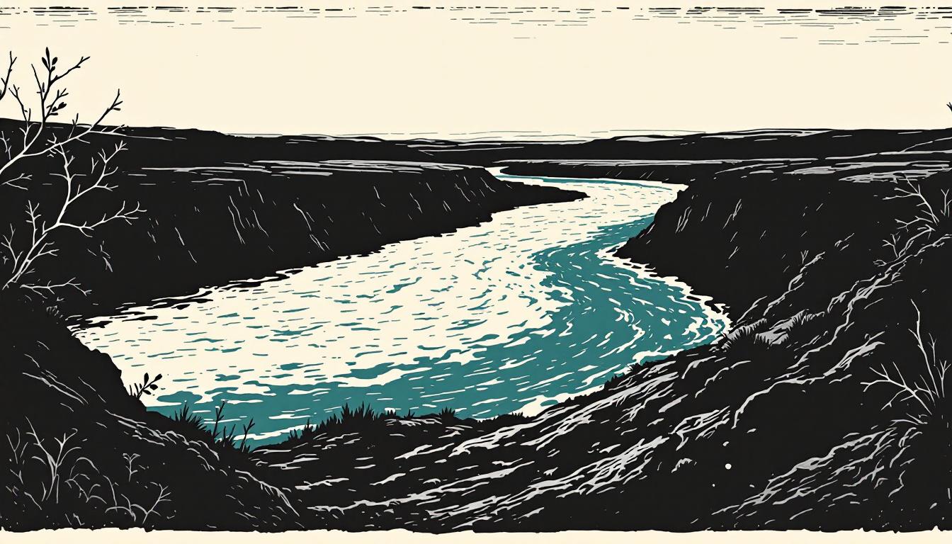 Two rivers merging at a distant bend — woodcut illustration representing the convergence of NVC mourning and restorative justice practice