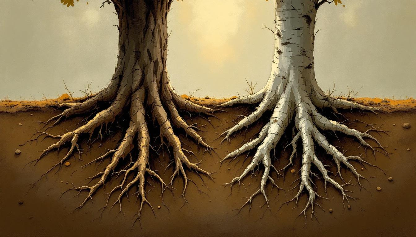 Two tree roots growing toward each other underground — painterly illustration of intimacy built in ordinary moments