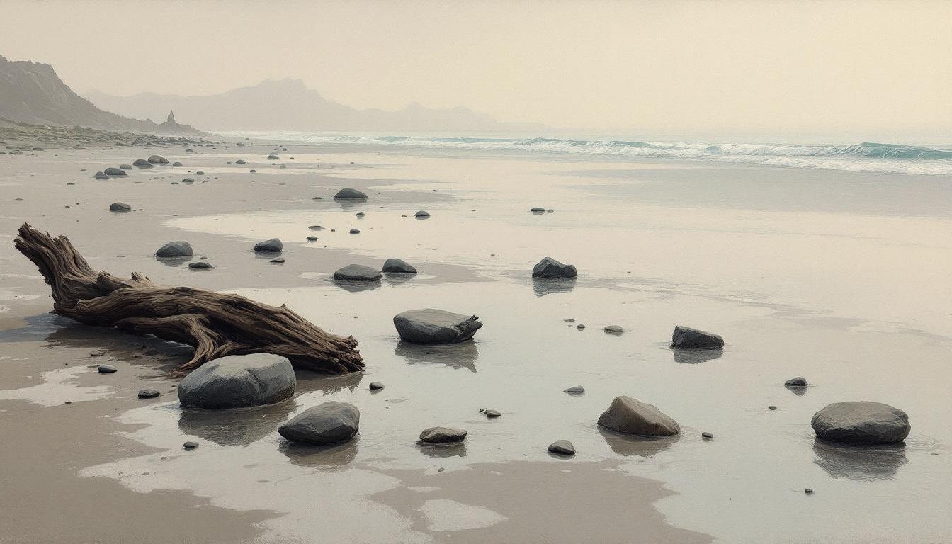 Rocky shoreline at low tide, driftwood at water's edge — a painterly image evoking the quiet after grief