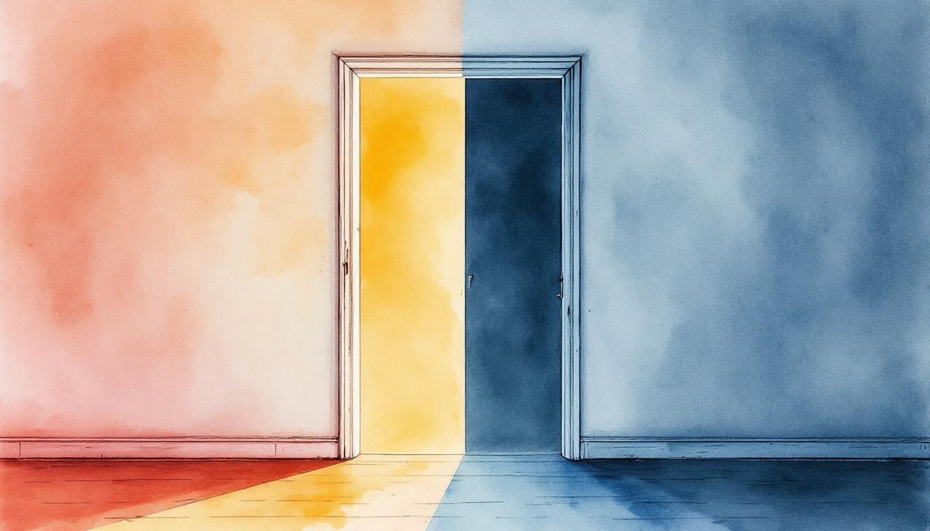 A half-open doorway between two rooms of different light — watercolor illustration evoking the moment of choosing whether to cross from conflict into connection