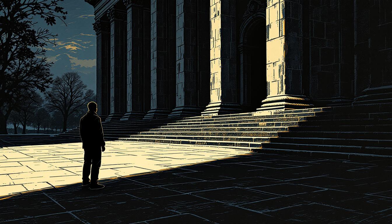 A small silhouetted figure stands at the base of a vast institutional building at dusk, their shadow stretching much further than their body
