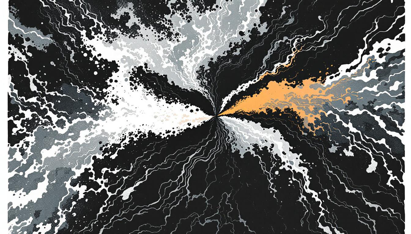 Two river currents meeting at a rocky fork — woodcut illustration representing conflict types in group facilitation