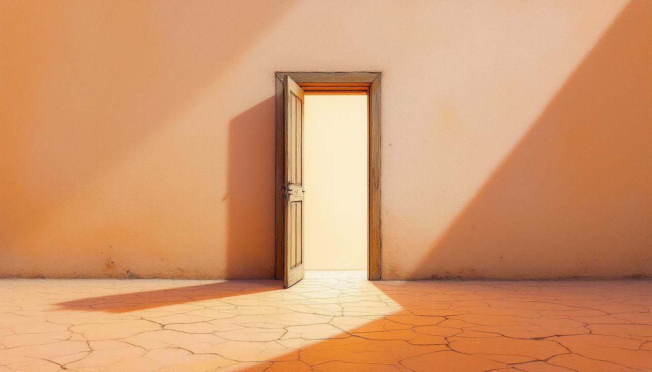 Open doorway in adobe wall at dawn — soft pastel illustration representing the space that opens when the empty nest begins