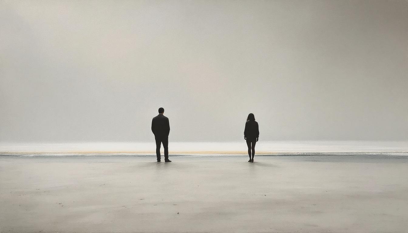 Two distant silhouettes standing apart on a still shoreline under an overcast sky — a soft pastel illustration evoking the unfinished space between siblings