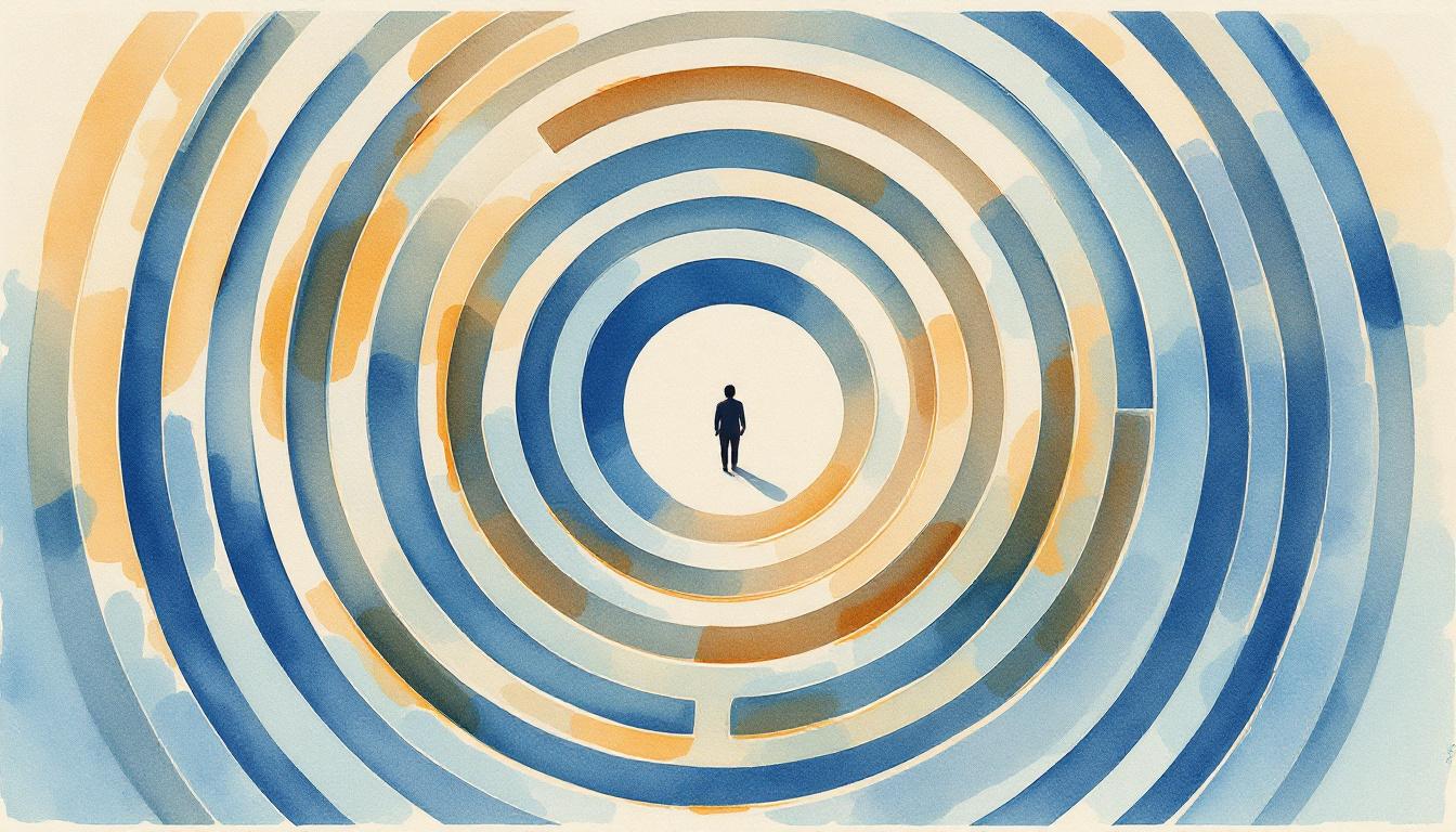 A labyrinth seen from above in terracotta and blue watercolor — a tiny figure stands at the center