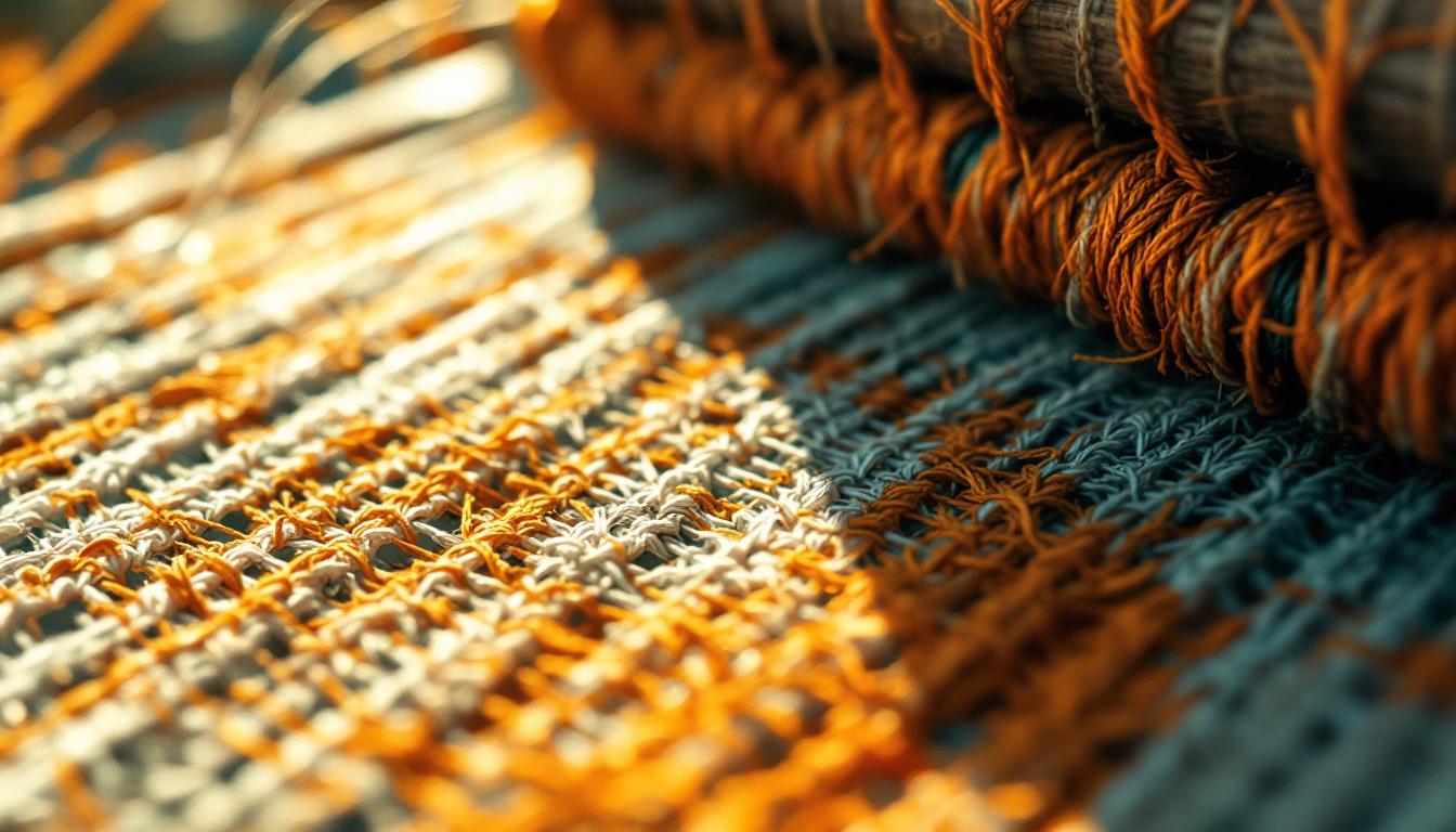 A loom mid-weave with amber and teal threads interlacing in golden afternoon light