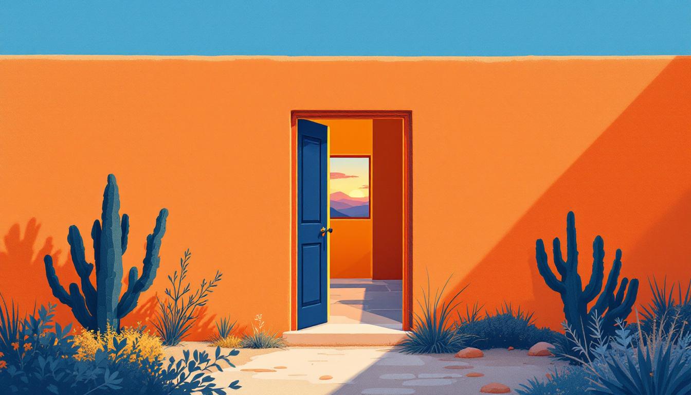 Half-open doorway in sunlit adobe wall — threshold between following a method and inhabiting a practice