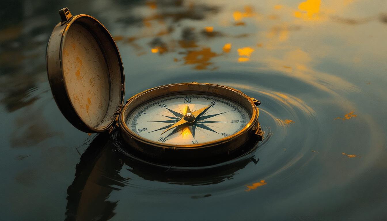 A worn compass floating on a still dark lake at dusk — turning inward before speaking