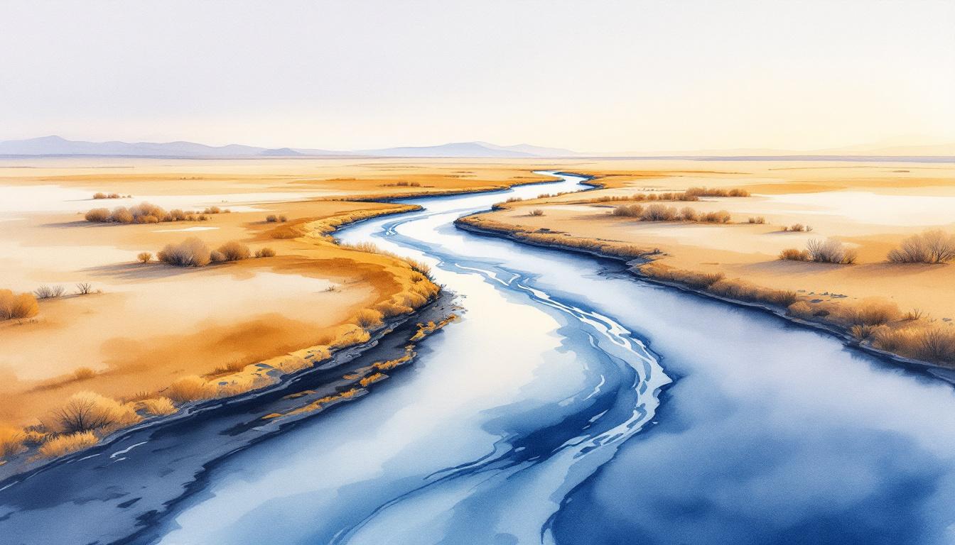 Two rivers converging in a wide watercolor landscape, amber and slate-blue waters meeting