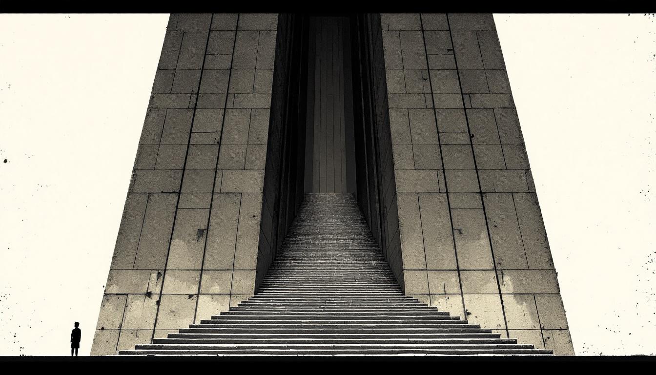 A small silhouette stands before towering institutional steps — the weight of structural systems and the question of whether to climb or dismantle them