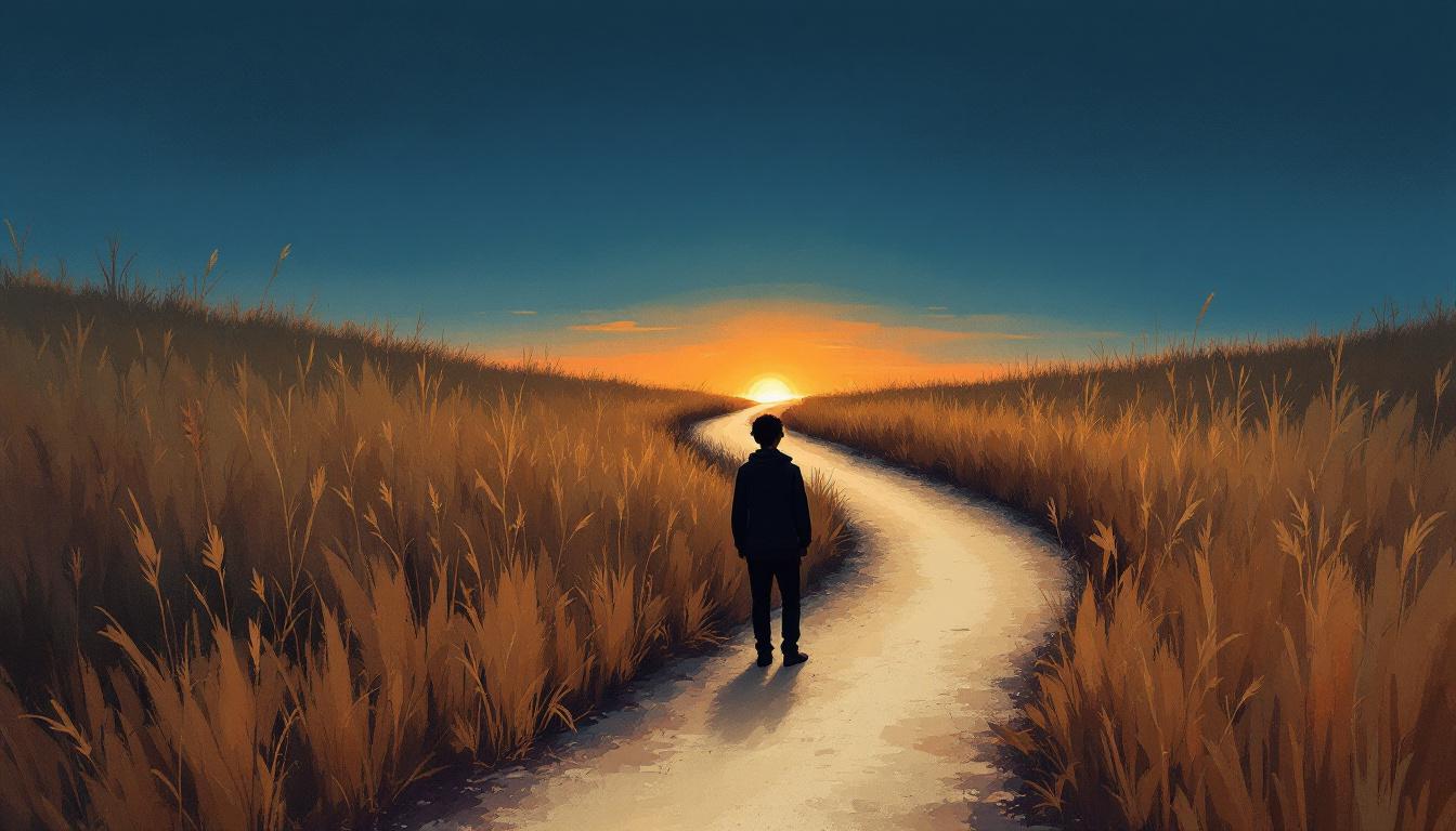 A path diverging into two directions at dusk, a silhouetted figure pausing at the fork