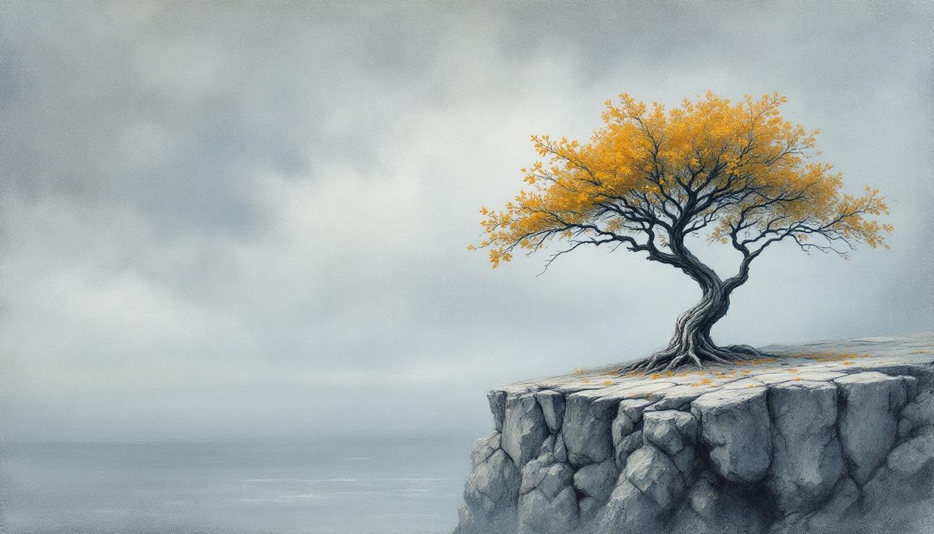 A single ancient tree standing on a cliff edge, soft pastel chalk illustration