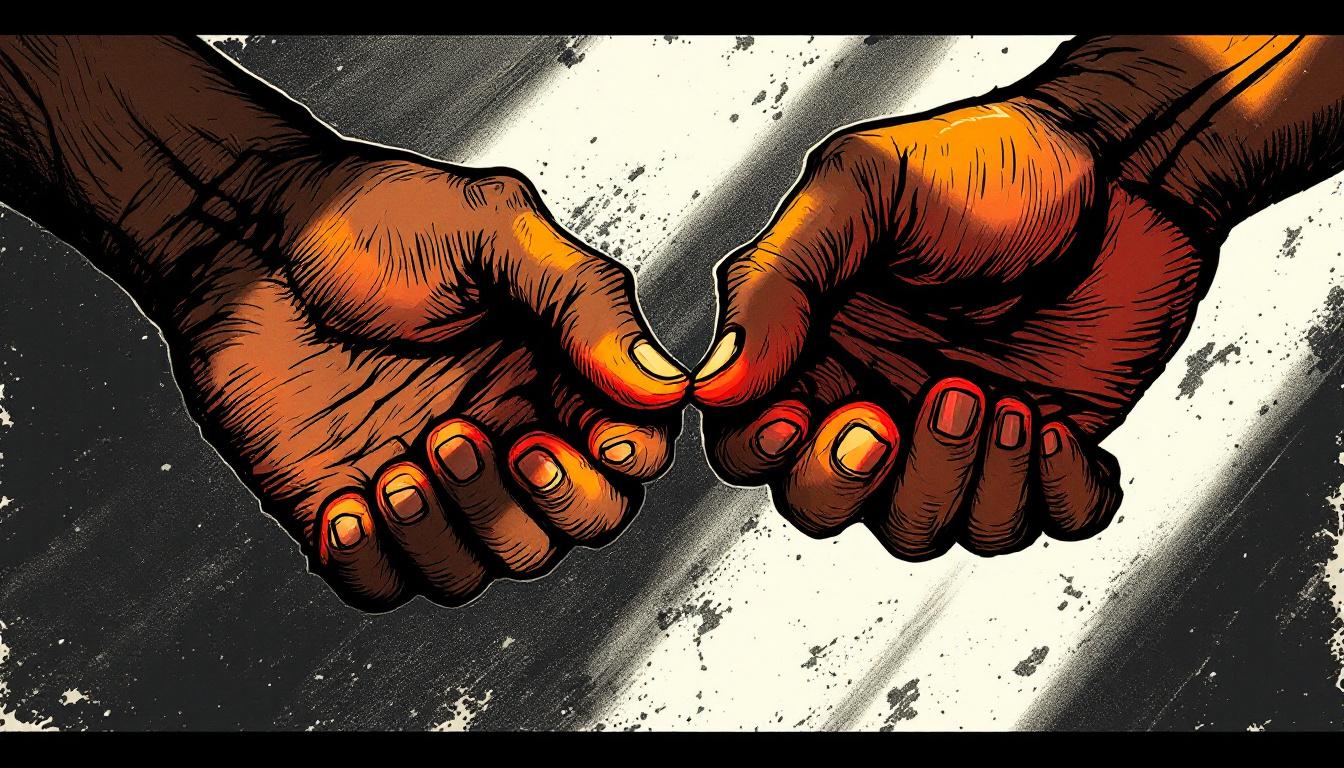 Two hands of different skin tones meeting fingertip-to-fingertip — a woodcut illustration representing restorative justice and NVC