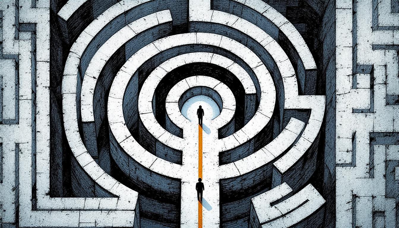 A stone labyrinth viewed from above — two paths in a divided world