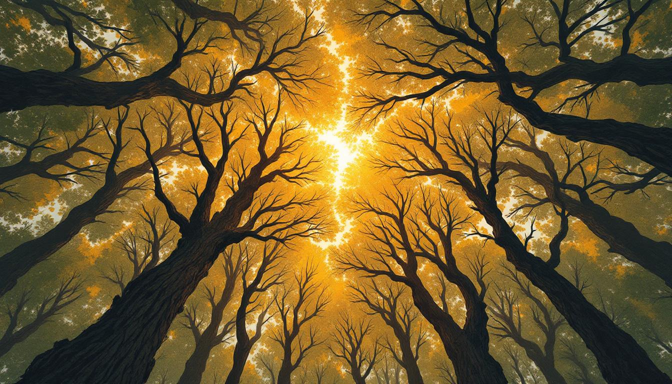 A forest canopy viewed from below, interlocking branches forming a continuous woven ceiling — symbolizing how one mentoring relationship becomes many