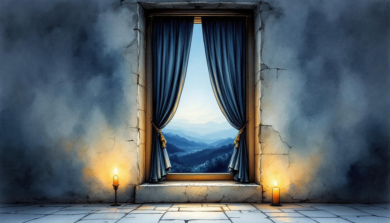 A stone window with curtains lifting in evening light, symbolizing openness to receive and be heard