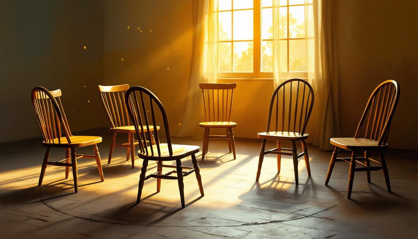 Empty wooden chairs in a circle, warm light streaming through a window — illustration evoking the held space of community.
