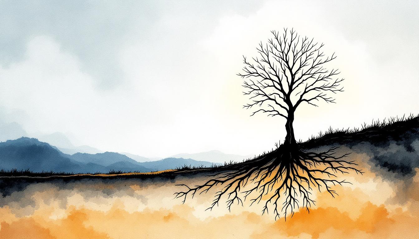A bare tree at dawn with two root systems tangled together underground, suggesting invisible connection