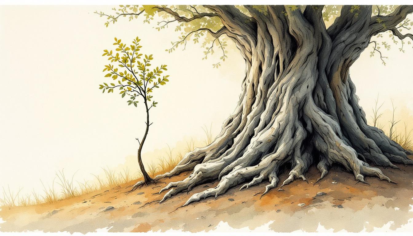 A young sapling growing beside an old weathered tree trunk, watercolor and ink illustration