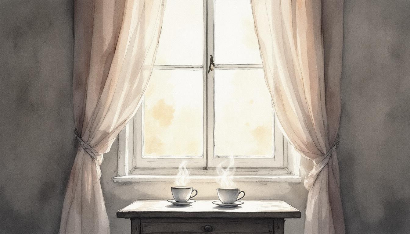 A window with curtains lifting in a breeze, two cold cups on an empty table in morning light