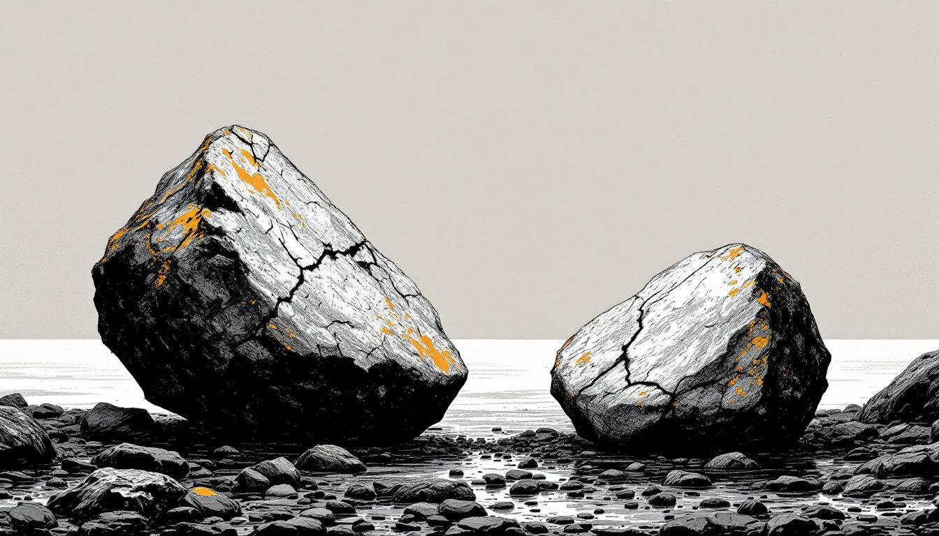 Two weathered stones on a rocky shoreline with a gap between them — recurring family conflict
