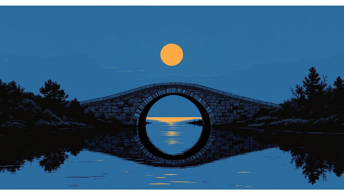 A woodcut bridge arching over still water at dusk — the act of crossing willingly from one shore to another