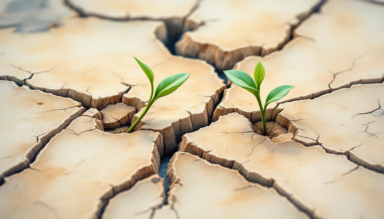 Watercolor illustration of cracked earth with two green shoots pushing through separate fissures at dawn — needs suppressed but still finding a way through