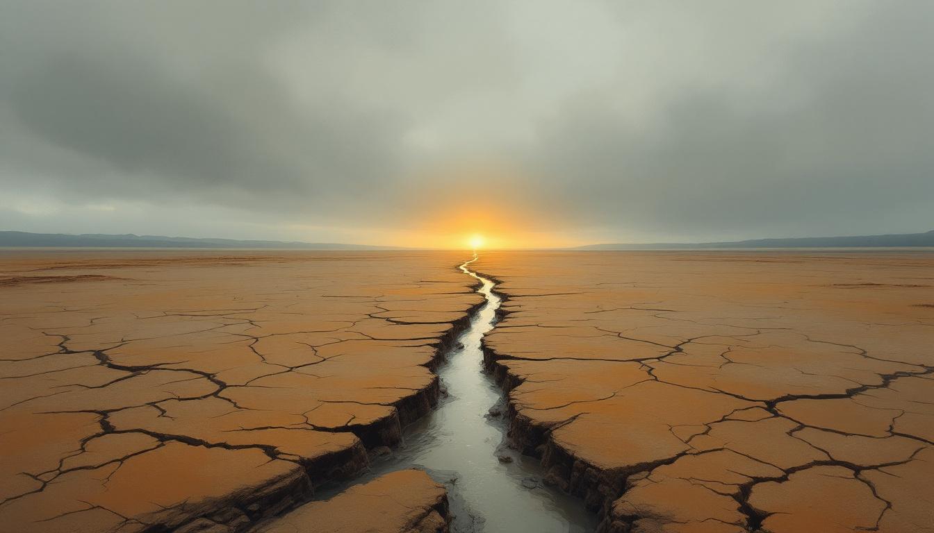 Dry cracked riverbed at overcast dusk, symbolising depletion from compassion fatigue
