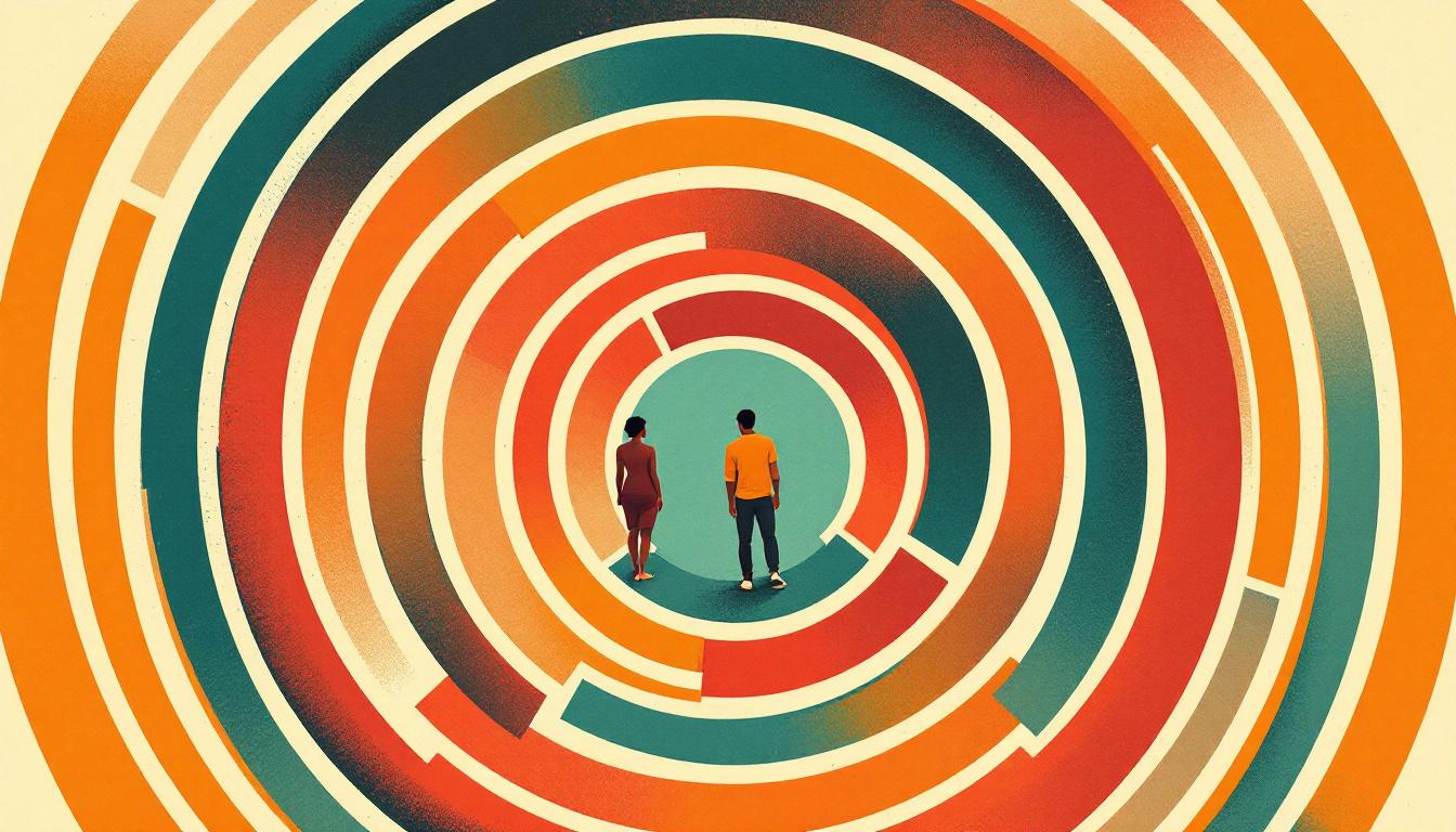 Top-down risograph view of a circular labyrinth with two small figures at different points along the path
