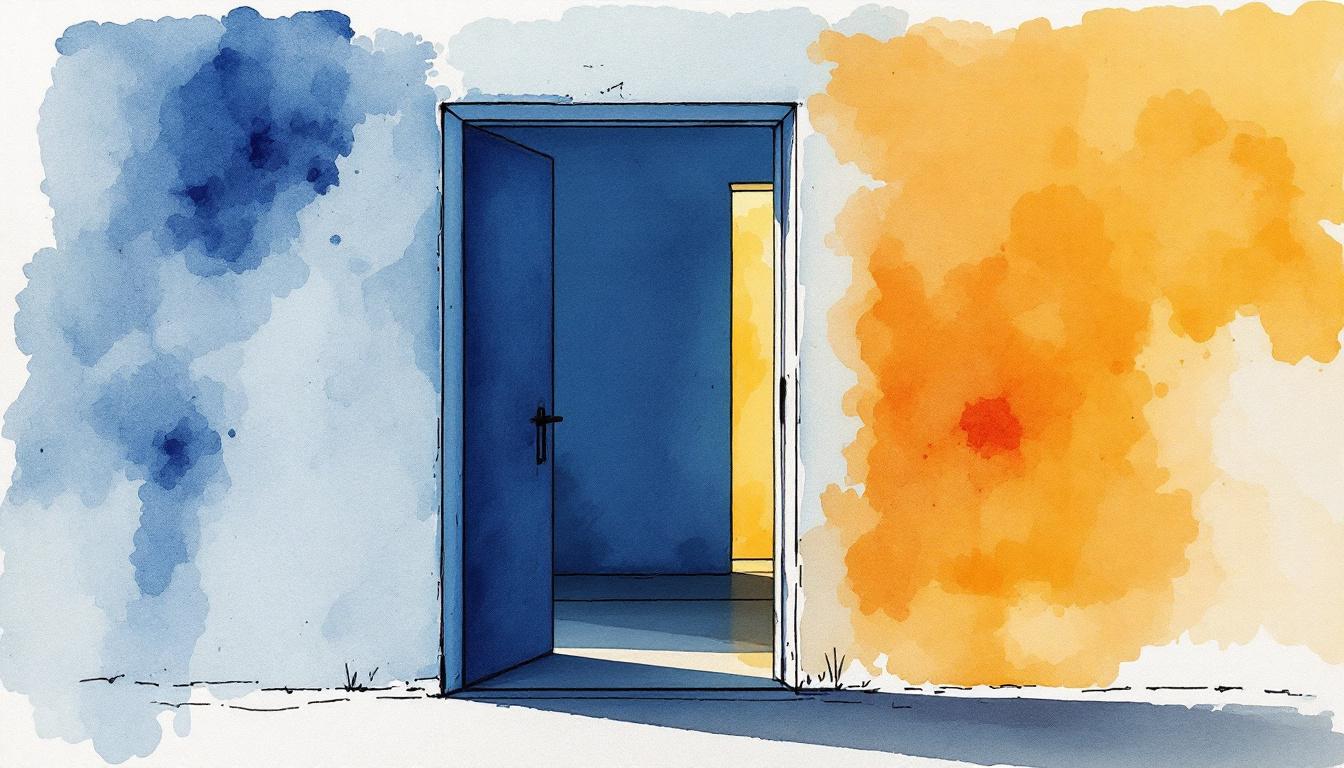 Half-open doorway between warm and cool light — watercolor illustration representing the choice to stay in productive tension