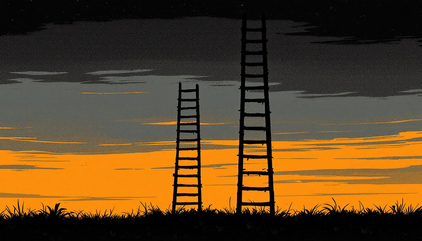 Two ladders of very different heights side by side in an open field at dusk — a structural gap between access and aspiration
