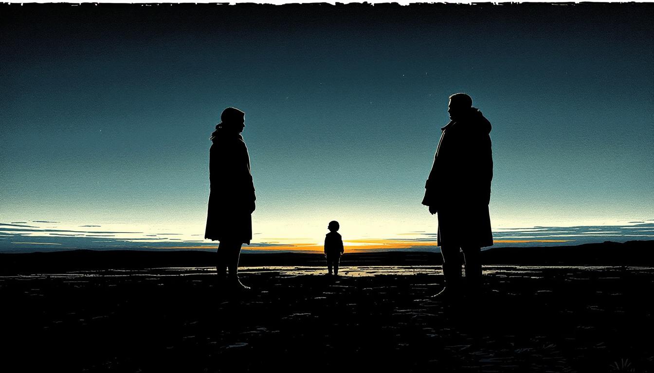 Two adult silhouettes facing opposite directions on a wide plain, a child's silhouette glowing amber between them at dusk