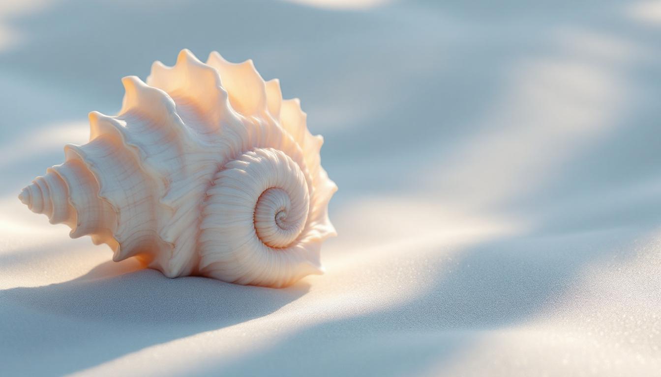 A spiral seashell on pale sand at dawn, symbolizing open listening and presence