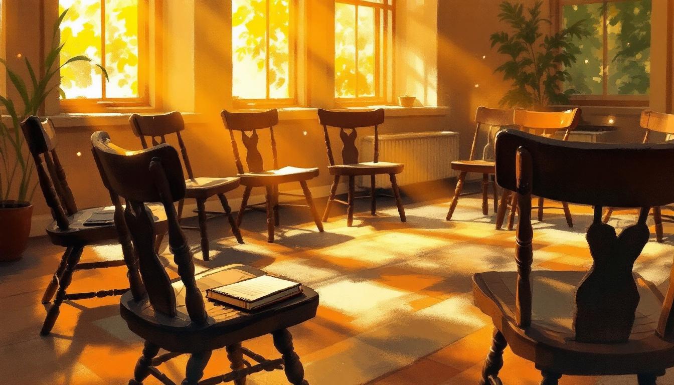 A circle of empty wooden chairs in a softly lit community room