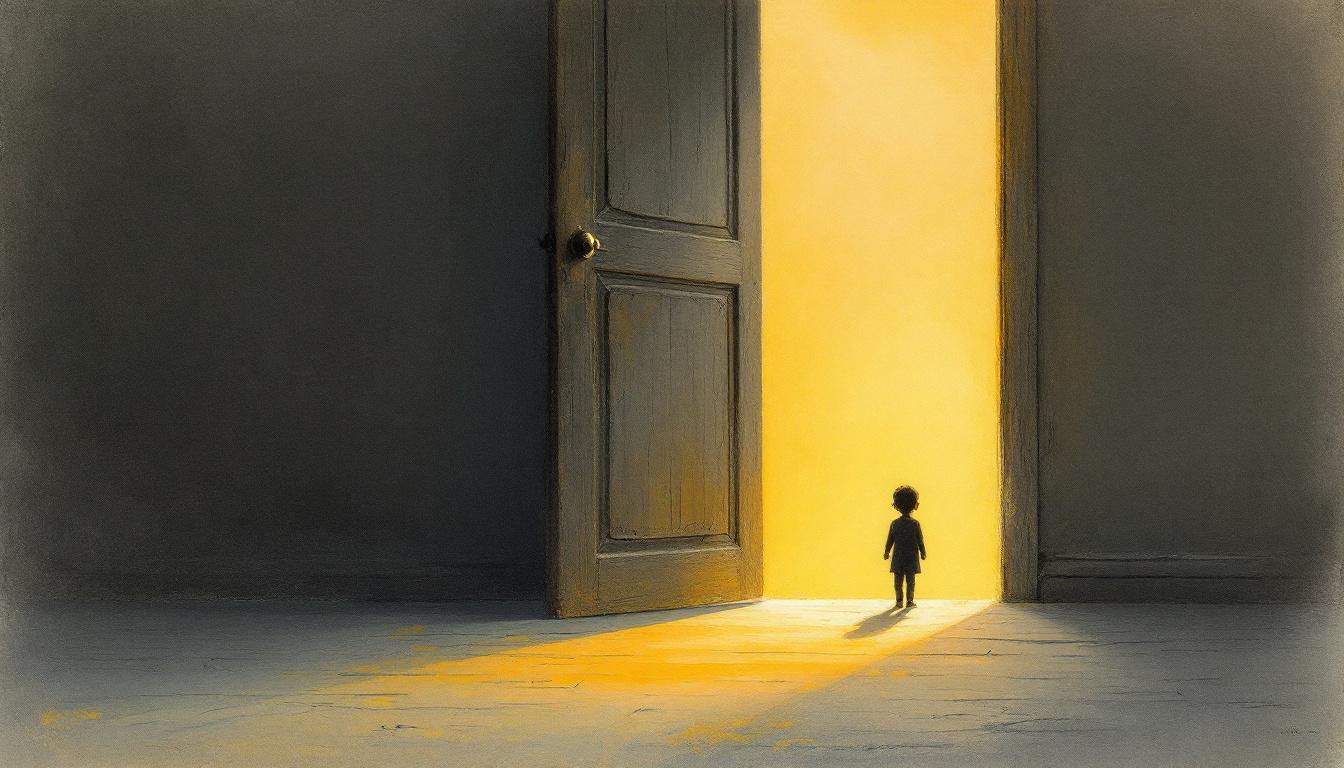 A child's silhouette in a half-open doorway, warm amber light beyond