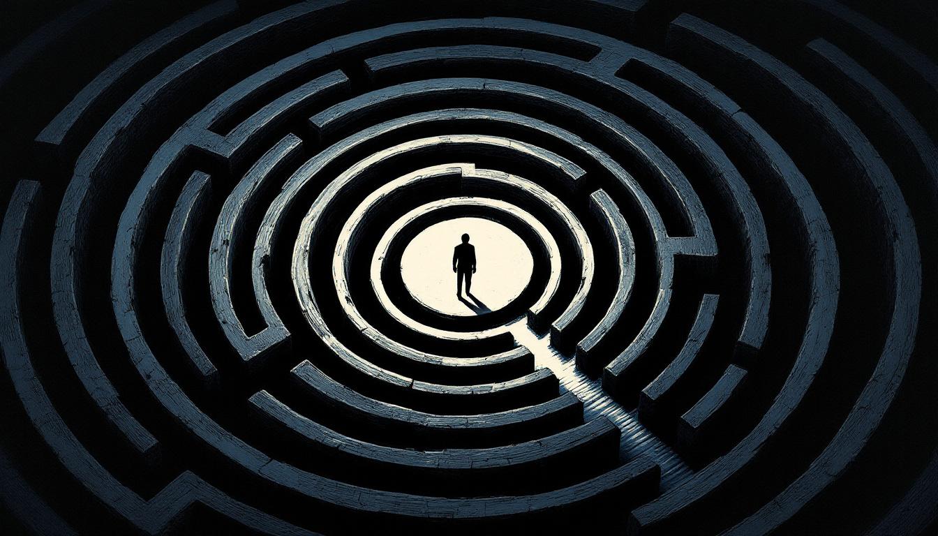 A woodcut-style labyrinth seen from above with a small figure at its center, symbolizing the moment of recognizing that a framework has become a constraint