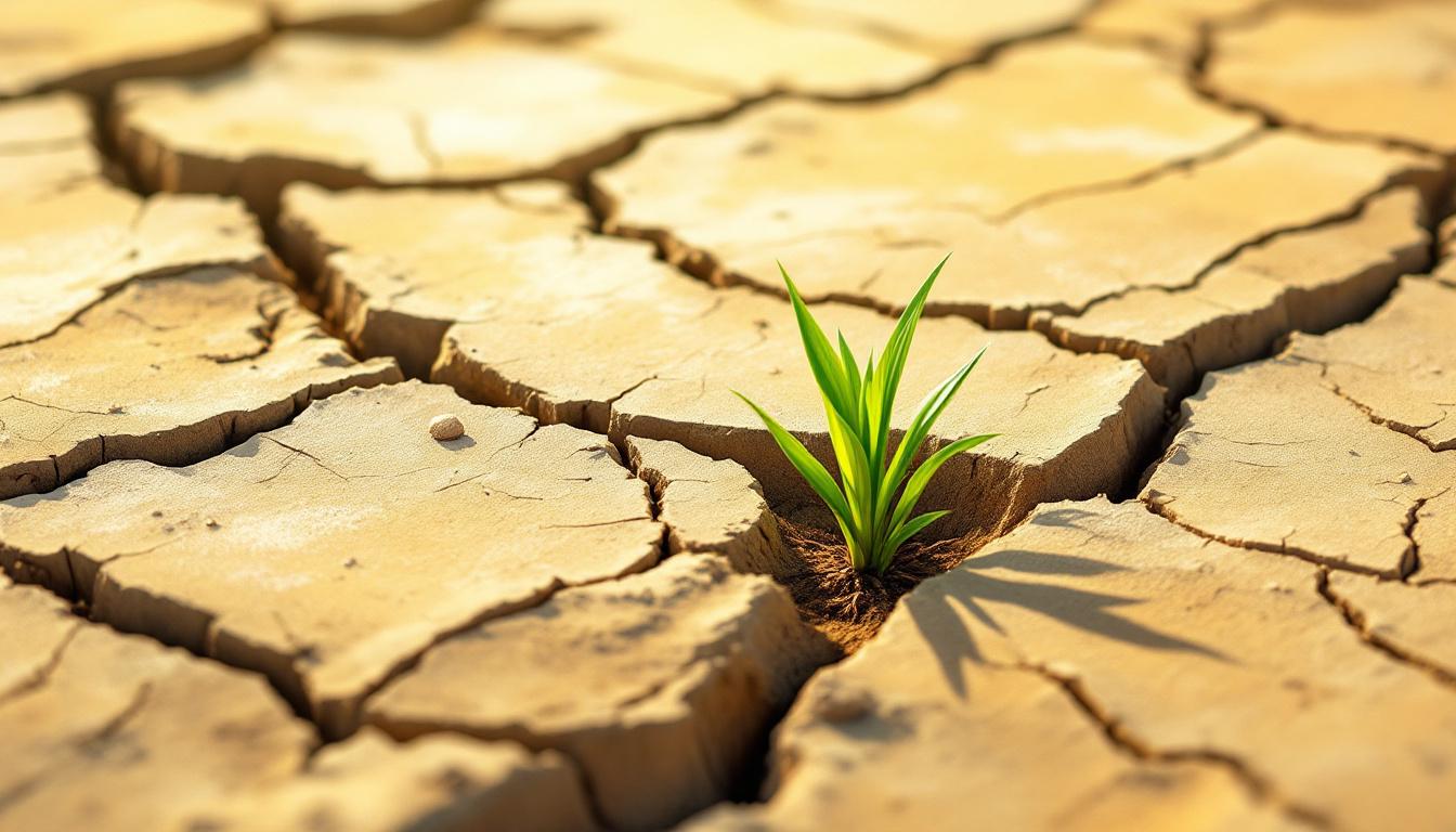 Cracked earth with a green shoot emerging — painterly illustration representing the NVC distinction between guilt and mourning in restorative justice