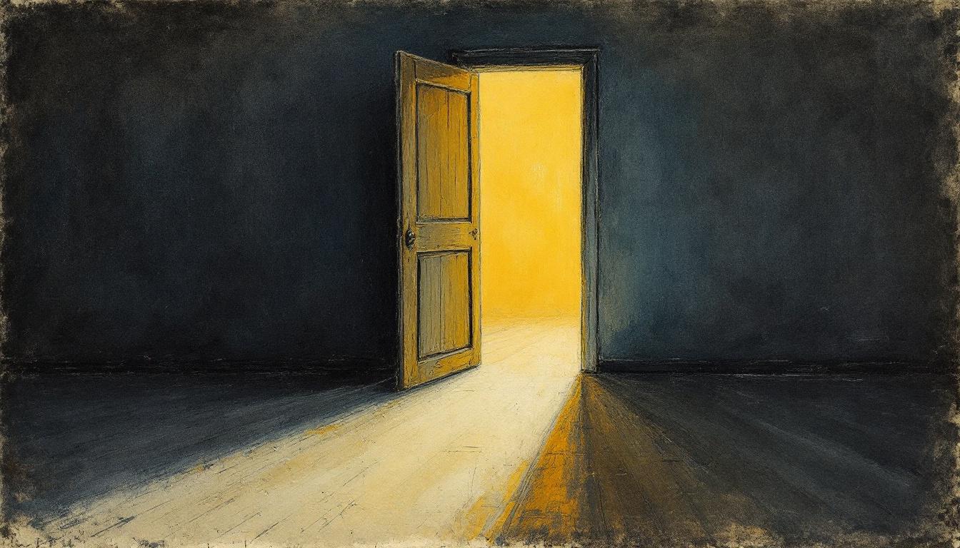 Half-open door between two rooms with different light — symbolising the threshold between Brown's guilt framework and NVC mourning
