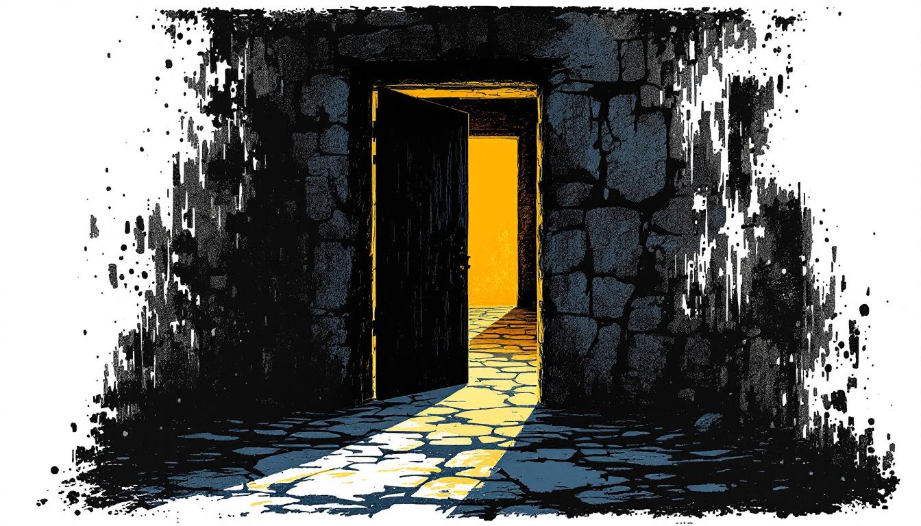 Woodcut illustration of a half-open stone doorway with warm light spilling through — symbolising the moment of seeing what was always there