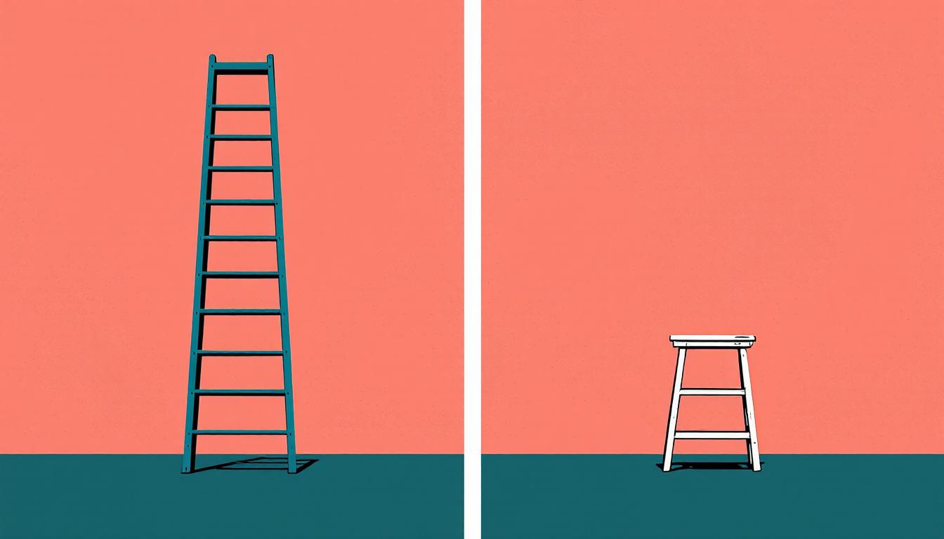 Risograph illustration of two ladders of dramatically different heights side by side — symbolizing structural inequality that communication training alone cannot bridge
