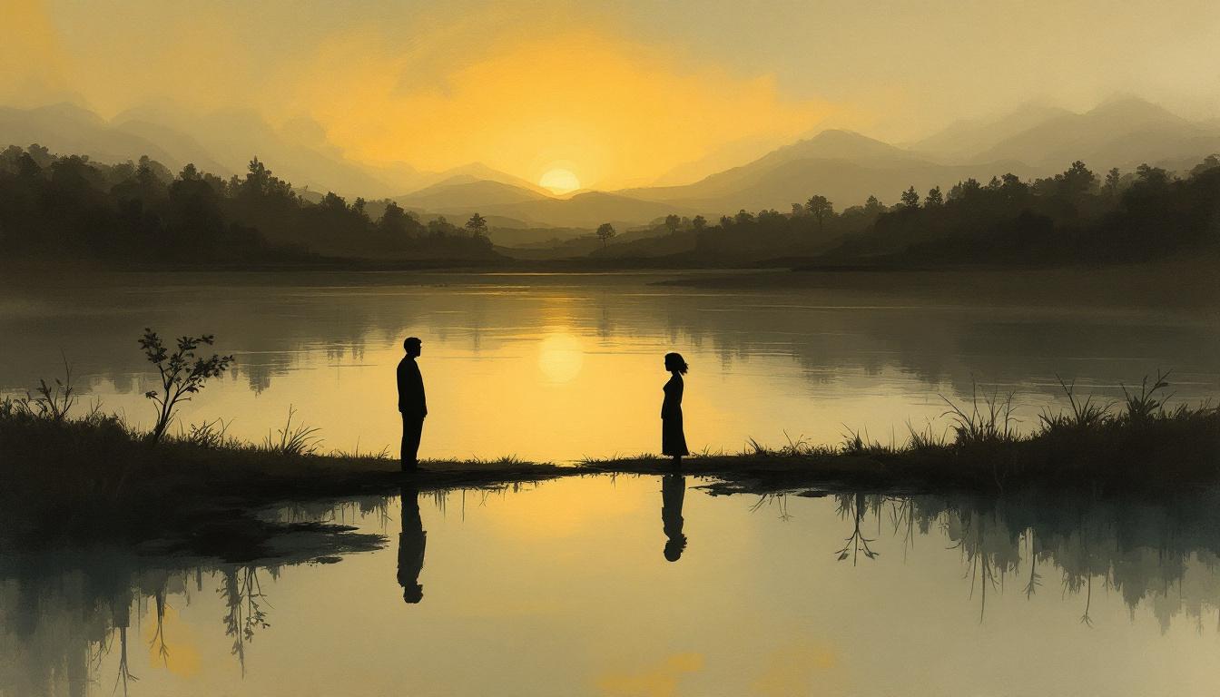 Two silhouettes standing at the edge of a still lake at dusk — the space between them after an apology