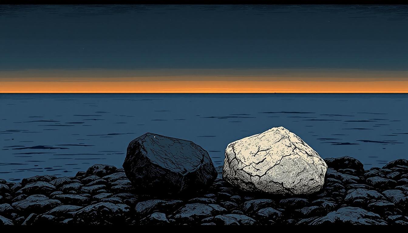 Two stones on a rocky shoreline at dusk, side by side but not touching — painterly woodcut illustration