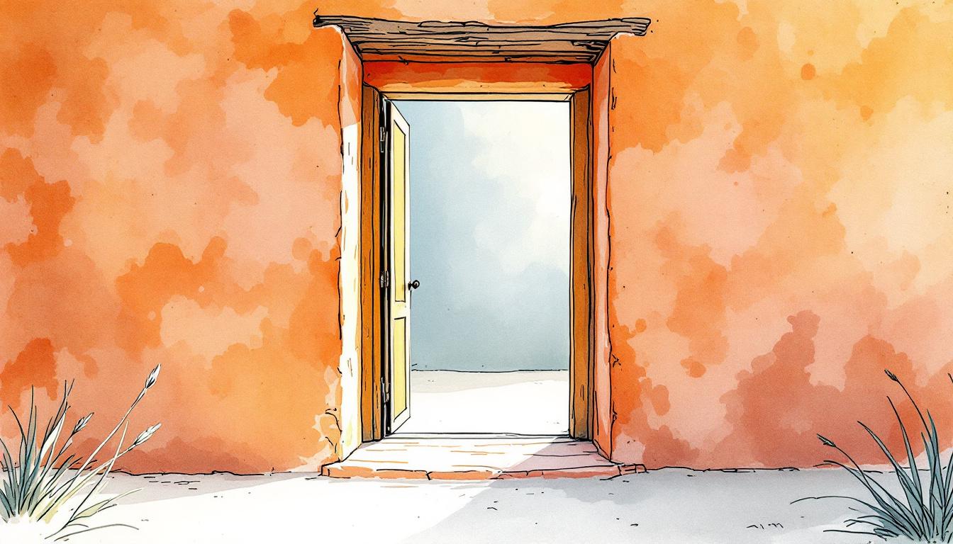 A watercolor doorway opening into light — the threshold between one kind of support and another