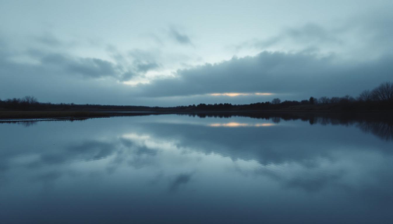 A still pond at dawn reflecting a distorted, more turbulent sky — symbolizing the gap between perceived and actual political reality