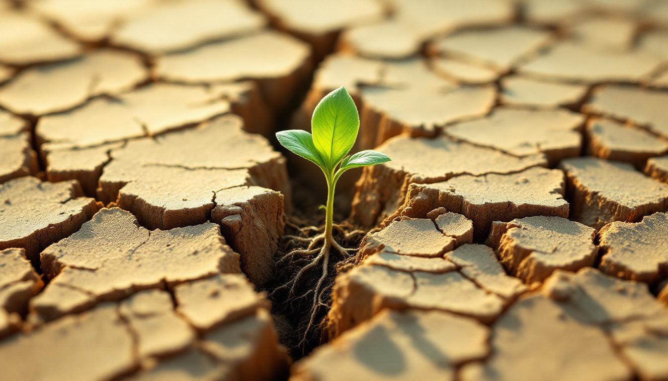 Cracked dry earth with a single green shoot emerging at dawn — symbolising what becomes visible when you look at unmet needs