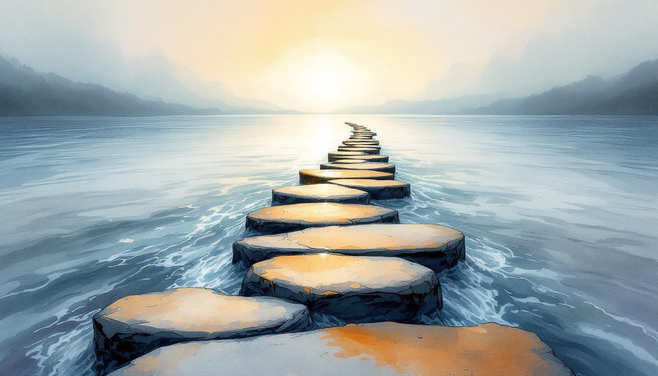 Stepping stones across turbulent water at dawn — a watercolor illustration of building a functional co-parenting path
